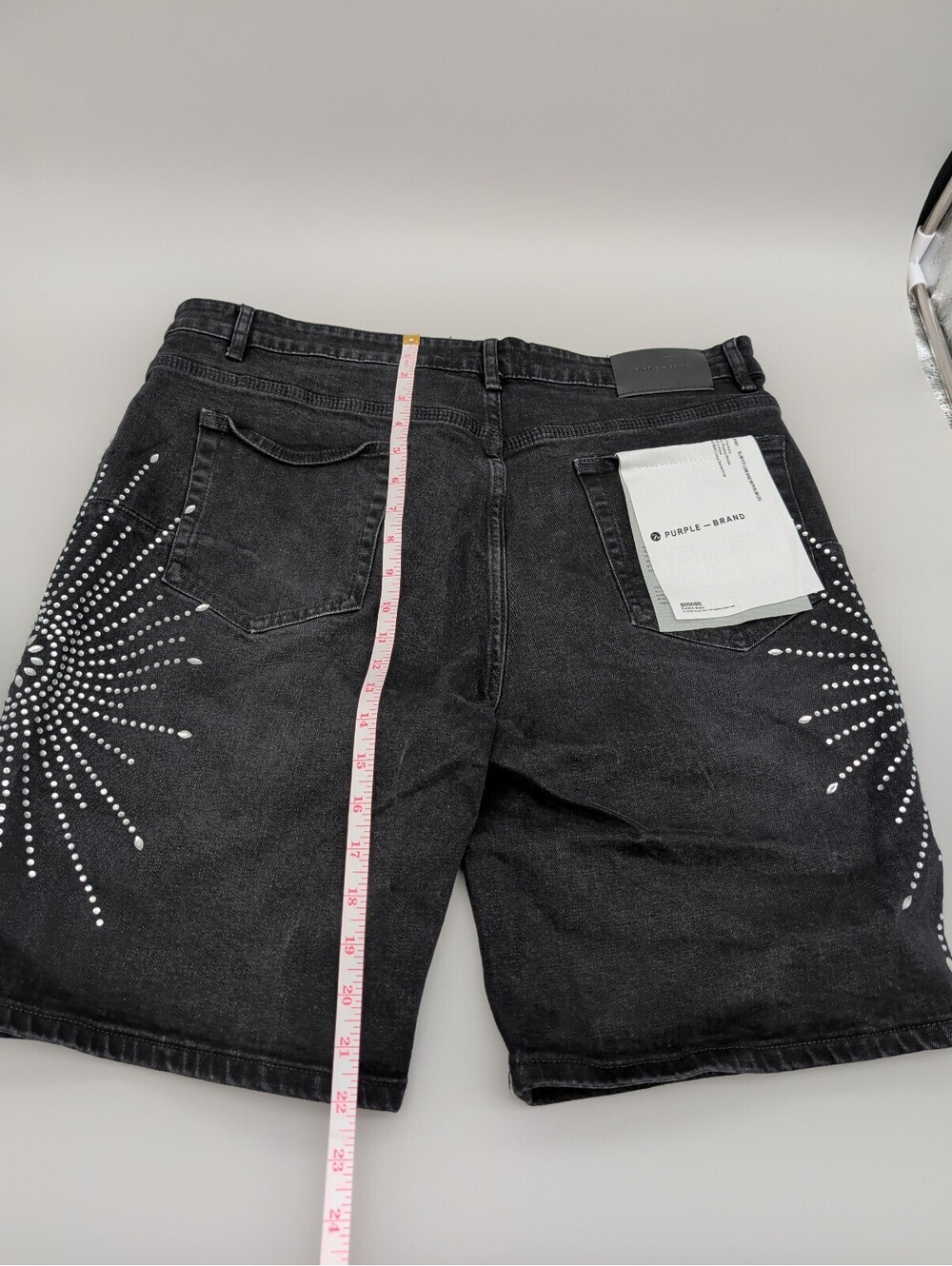 Purple Brand Black Denim Shorts with Silver Studded Sunburst Design Size 38 - Picture 12 of 15